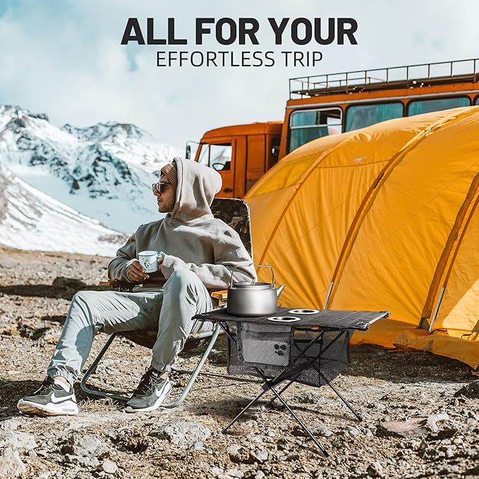 ZUNE LOTOO Portable Camping Table Folding Small Beach Table Foldable with Drink Holder &amp Mesh Storage &amp Carry Bag Compact Camp Tent Side Table for Picnic Tailgate Travel Outdoor Fishing Backp