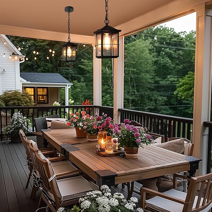 LOG BARN Outdoor Pendant Light Fixture Farmhouse Exterior Lights Anti-Rust Ceiling Outdoor Light with Seeded Glass Lantern Hanging Light for Front Door Entry Porch and Gazebo