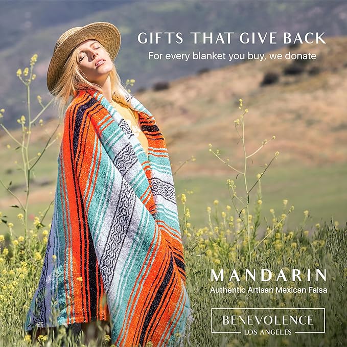 Benevolence LA Authentic Handwoven Mexican Blanket | Yoga Blankets Outdoor Picnic Beach Camping | Equestrian Saddle | Serape 50x70 inches - Bright Mandarin Pack of 1