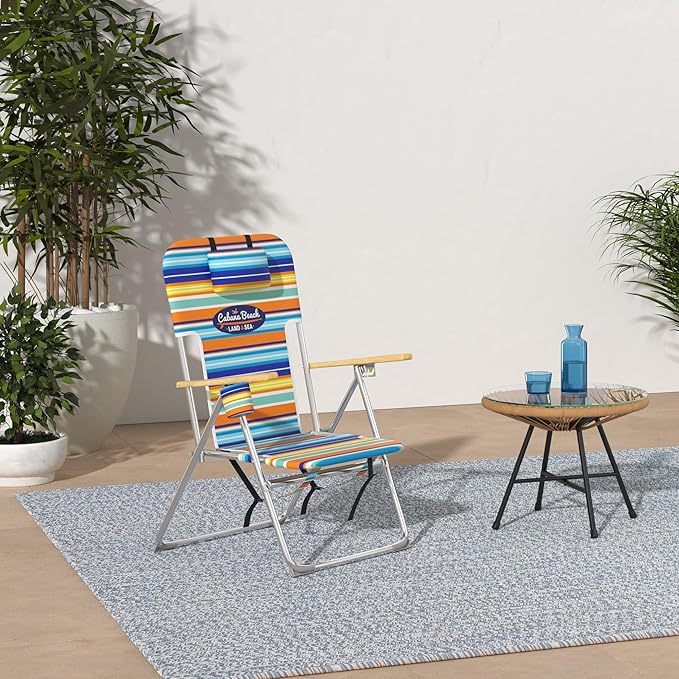 Cabana Beach Folding Beach Chair 4 Position Portable Backpack Foldable Camping Accessories with Headrest Cup Holder and Wooden Armrests Bold Candy Stripe