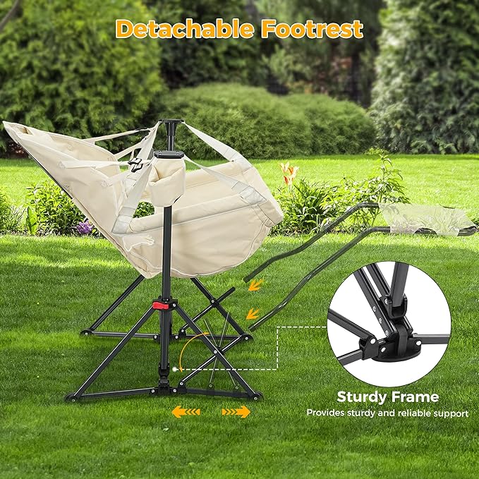 Ainfox Hammock Camping Chair with Footrest Foldable Portable Rocking Chairs for Adults Outside Swinging Camp with Cup Holder Pillow for Outdoor Patio Poolside (Beige)