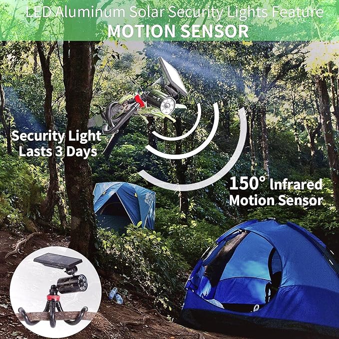 Solar Motion Sensor Flood Lights Solar Motion Sensor Security Camping with Flexible Tripod 1400LM Aluminum Waterproof Spotlights for Camping Fence &amp Patio 9W (130W Eqv.)