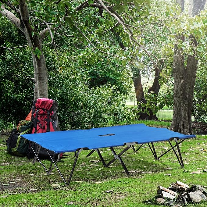 Outsunny 2 Person Folding Camping Cot for Adults 50 Extra Wide Outdoor Portable Sleeping Cot with Carry Bag Elevated Camping Bed Beach Hiking Blue