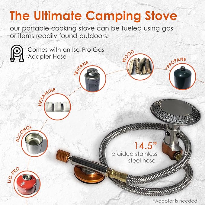 nCamp Kitchen to Go 5 Piece Bundle Portable Compact Multi-Fuel Burning Camping Stove ISO Propane Adapter Elevated Bamboo Cutting Board Prep Surface Cafe Coffee Maker Carrying Bag For Camping