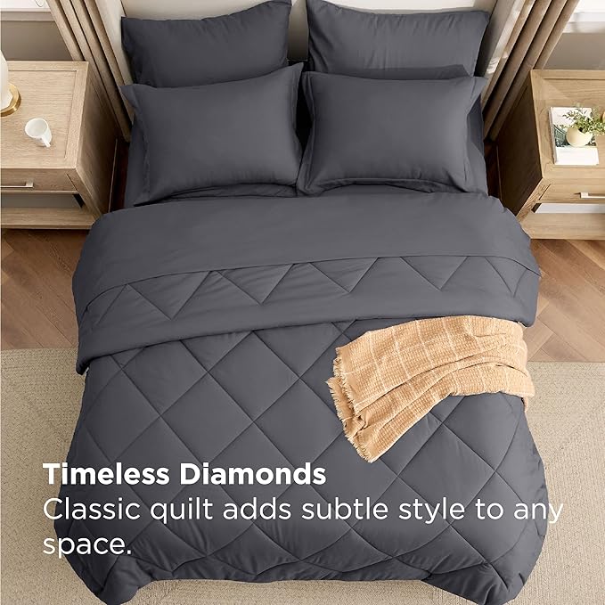 Bedsure 7 Pieces Full Comforter Set Premium Series Hotel Luxury Soft Bed in a Bag Goose Down Alternative Safe for Sensitive Skin Bedding Comforter All Season Medium Warmth Dark Grey Full Size