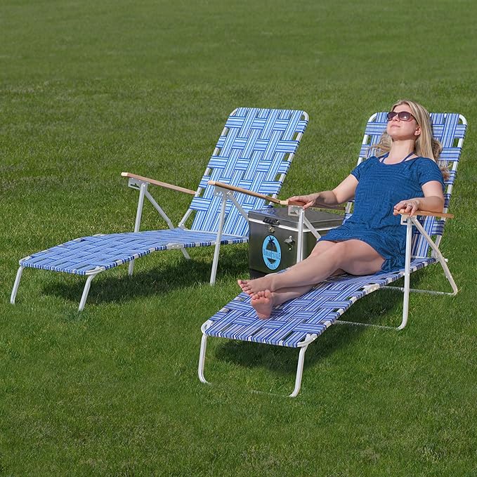 Camp &amp GO 4-Position Folding Web Lawn Chair Outdoor Lounger Blue/White undefined/White