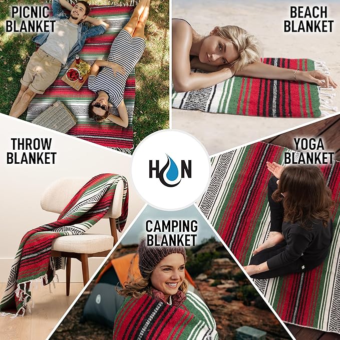 Hydration Nation Authentic Large Handwoven Mexican Blanket - Soft Yoga- Durable Serape- Lightweight Falsa Beach Camping Picnic Outdoor Blanket 70x50 - Dragon