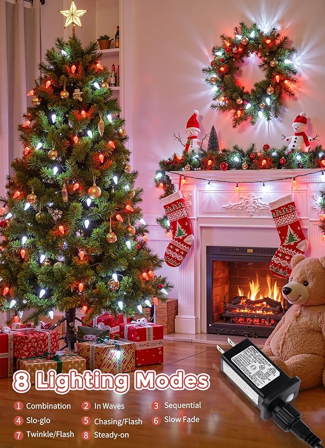 C9 LED Christmas Lights Outdoor 81 Feet 100 LED String Lights with Timer &amp 8 Light Mode Waterproof Commercial Grade Christmas Tree Lights for Outside Indoor Roofline Patio Decor Red &amp Pure