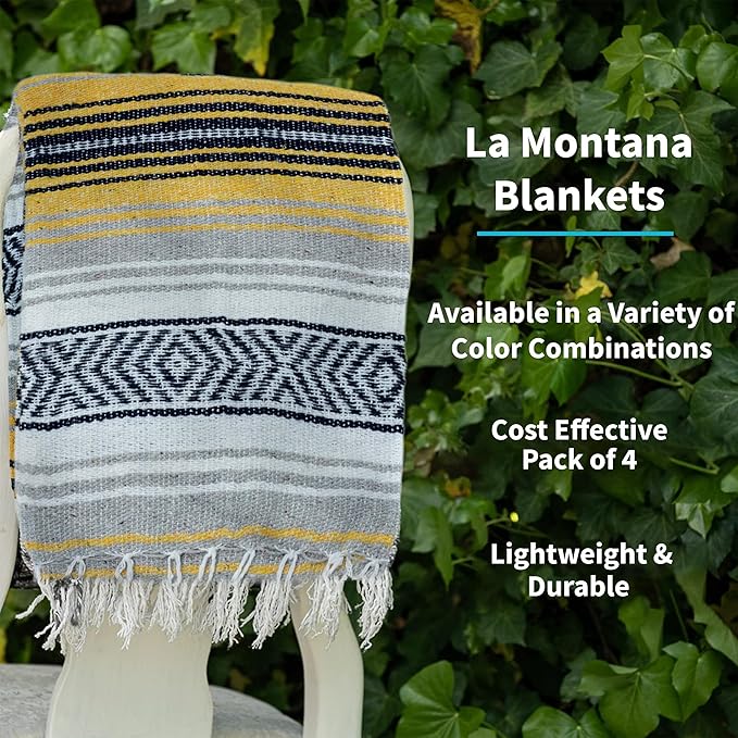 La Montana Mexican Blankets and Throws 4 Pack 74x50 - Made in Mexico Lightweight Yoga Blanket for Schools Studios Outdoors Camping Picnic Decor - Washable Navy/Yellow/White
