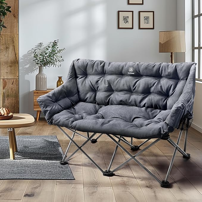 EVER ADVANCED Double Camping Chair for Adults Padded Folding Camping Love Seat Bench with Side Pocket Portable Camping Couch 2 Person Heavy Duty Outdoor Chair with CushionSupport 600lbs 2Pack