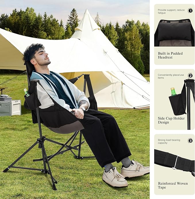 HIGH POINT SPORTS Hammock Camping Chair Adjustable Back Swinging Chair Folding Outdoor Rocking Chair Heavy Duty Portable Camp Chair with Cup Holder and High Back for Adults Black