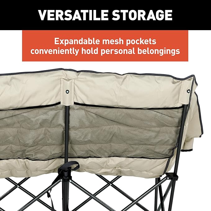 Lippert Big Bear Sand Folding Camping Loveseat with 500-lb. Weight Capacity Durable Mesh Fabrics High-Loft Cushioning Dual Cupholders Storage Pocket Zippered Carrying Bag - 2023053718