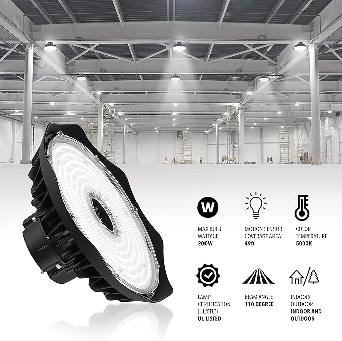 JONATHAN Y JYL9801A 12 in. 200-Watt Integrated LED High Bay Indoor/Outdoor UFO Light with 26000 Lumens 5000K Black