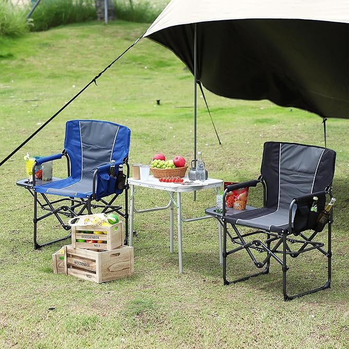 Folding Camping Chairs for Adults Portable Lawn Chair with Side Table Side Pocket &amp Beverage Holder Heavy Duty Director Chair for Outside Rv Beach Yard Garden Deck