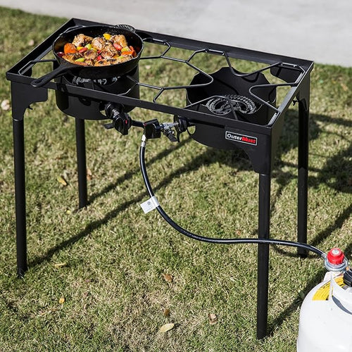 2 Burner Propane Gas Stove with 0-3 PSI Adjustable Regulator and Removable Legs Gas Burners for Cooking Perfect for Home Brewing Seafood Boil and Camping