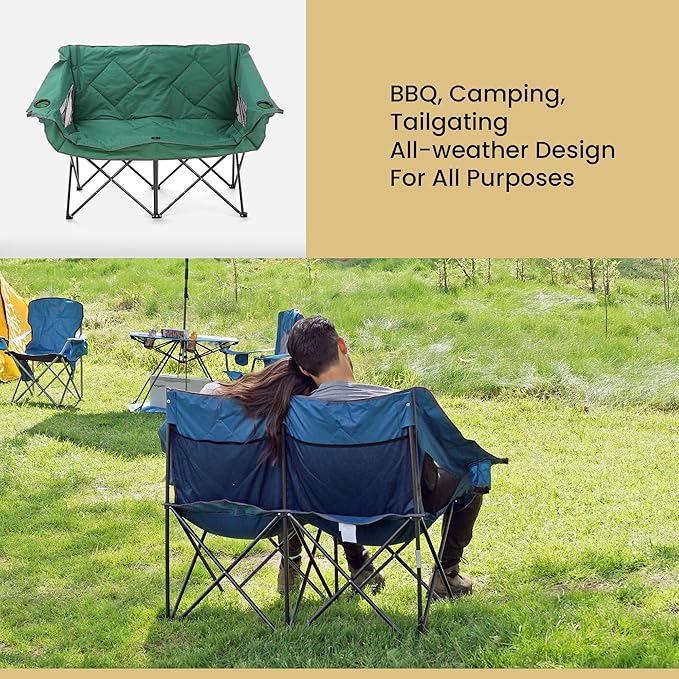 ARROWHEAD OUTDOOR Portable Folding Double Duo Camping Chair Loveseat w/ 2 Cup &amp Wine Glass Holder Carrying Bag Supports up to 500lbs