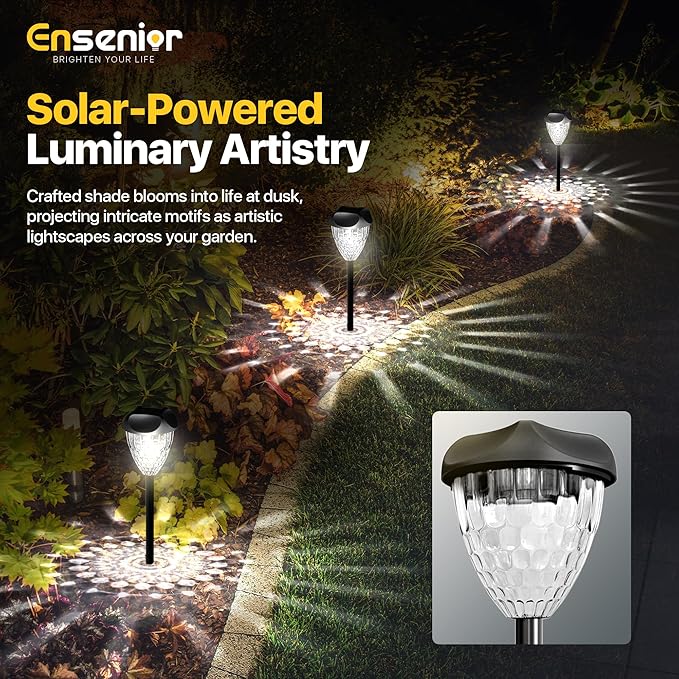 Ensenior 8-Pack Solar Lights Outdoor Auto ON/Off 6500K LED Solar Garden Lights for Pathway Yard Patio Walkway Planter Waterproof Energy-Efficient Landscape Lighting