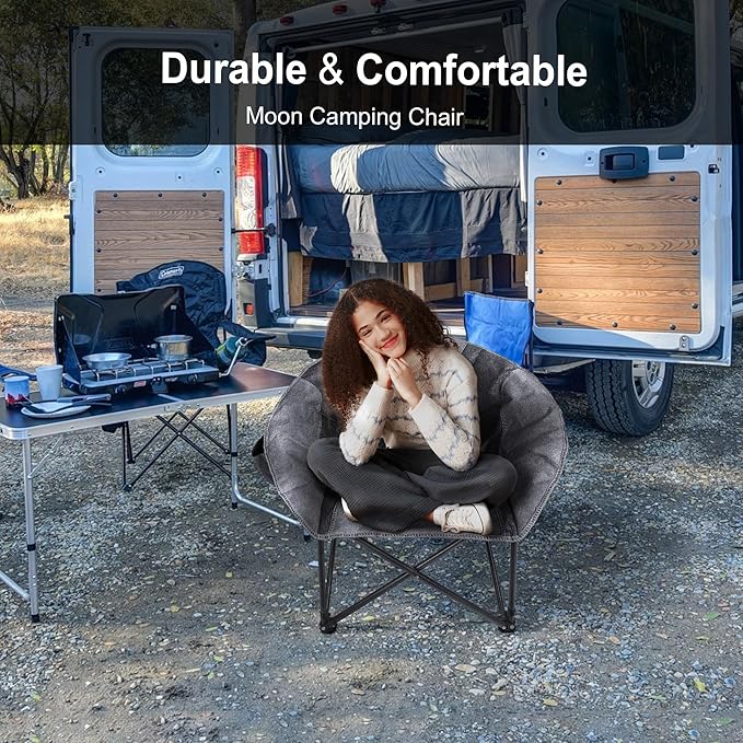 Northroad Folding Compact Camping Moon Chair Outdoor Padded Saucer Round Chair w/Cup Holder Supports up to 300 lbs for Beach Hiking Fishing Picnic LawnBlack