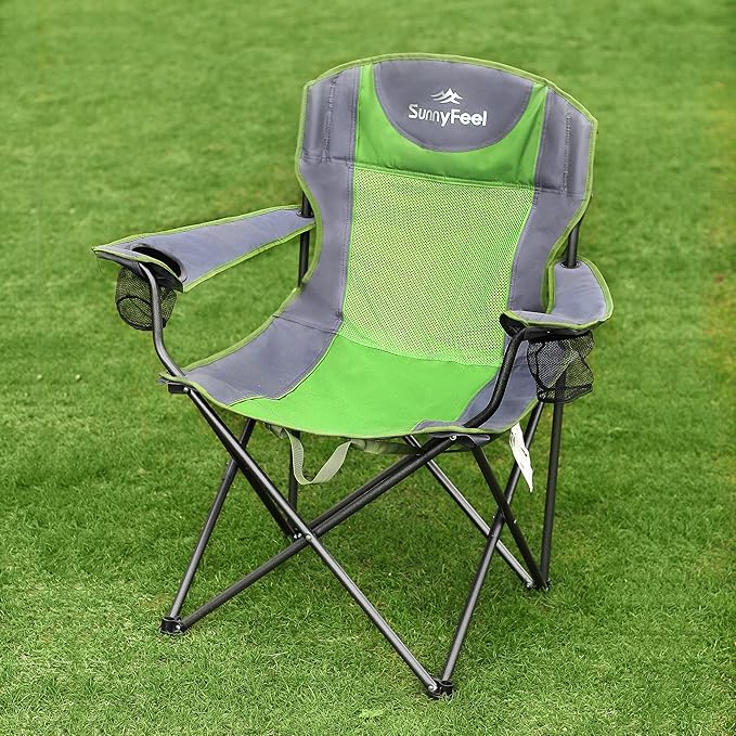 SUNNYFEEL Folding Oversized Camping Chair Padded Portable Lawn Chairs for Adults Heavy Duty 300 LBS Folding Camp Quad Chair High Back with Cup HolderArmrest for PicnicBeachSports