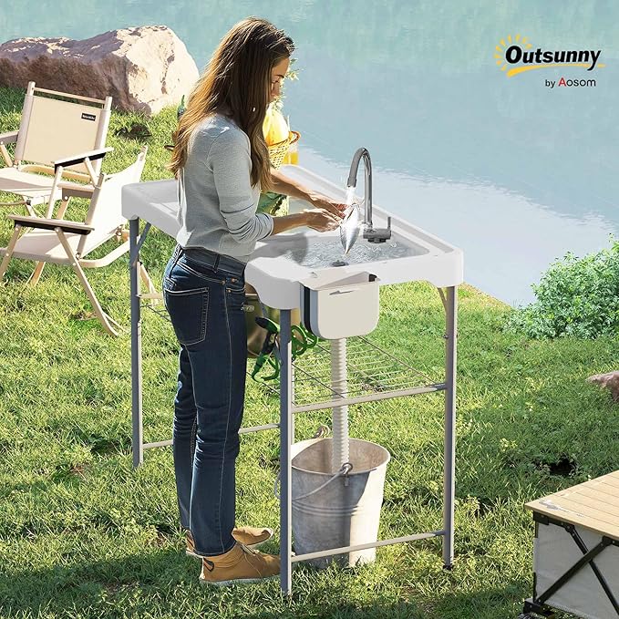 Outsunny Folding Fish Cleaning Table with Sinks Portable Camping Sink Table with Faucet Drainage Hose Sprayer Shelf Drawer and Storage Basket Outdoor Fillet Table for Picnic Beach Patio White