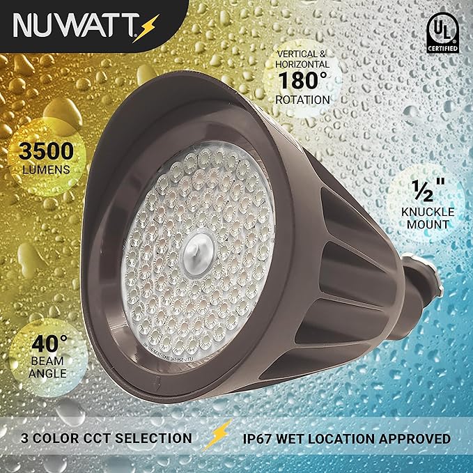 NUWATT 25W Bullet Spot Lights Outdoor LED Landscape Light 3500 LM Bright Outdoor Lighting for Yard 30K/40K/50K Selectable 1/2 Knuckle Mount 120-277V Waterproof Flag Pole Lights (6-Pack)