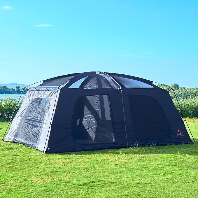 KTT Extra Large Tent 12-14 PersonFamily Cabin Tents2 RoomsStraight Wall2 Doors 4 Windows with MeshWaterproofStraight WallBig Tent for OutdoorPicnicCampingGathering(Brown)