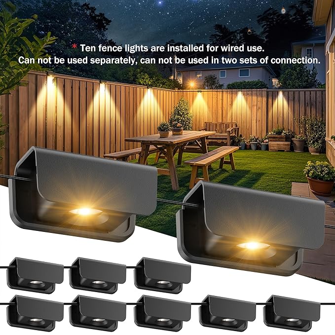 Fence Lights Outdoor IP65 Waterproof Deck Light with 45.93ft Cable Warm White Step Lights for Stairs Step Yard Patio and Pathway (10 Pack)