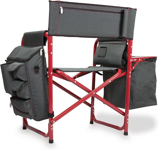 PICNIC TIME Fusion Camping Chair with Side Table and Soft Cooler Outdoor Foldable Padded Camping Chairs with Cup Holder for Lawn Beach &amp Sports Use for Adults (Dark Gray Red Accents)