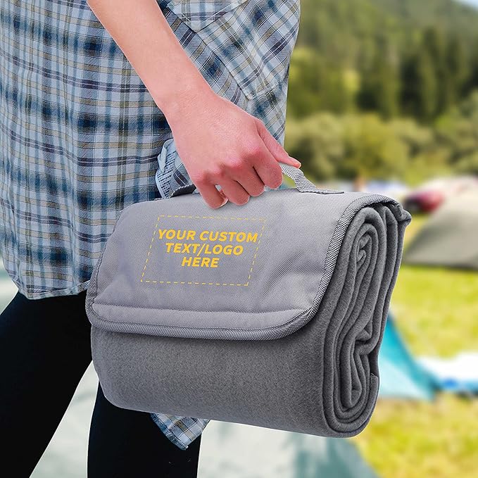 DISCOUNT PROMOS Custom Roll Up Picnic Blankets Set of 10/50/100 Personalized Bulk Pack Great for Camping Picnic Beach Sports Outdoor Activities - Grey