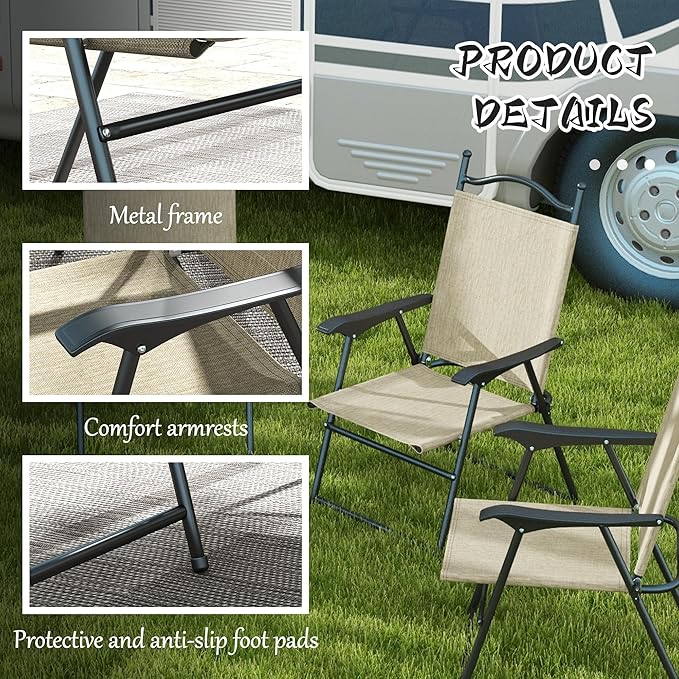 Folding Patio Chairs Set of 4 Sports Chairs for Adults Camping Chairs with Armrests Breathable Mesh Fabric Seat for Lawn Beige