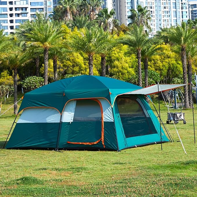 KTT Large Tent 8-10-12 PersonFamily Cabin Tents2 Rooms2 Doors and 4 Windows with MeshStraight WallWaterproofDouble LayerBig Tents for OutdoorPicnicCampingFamily Gathering