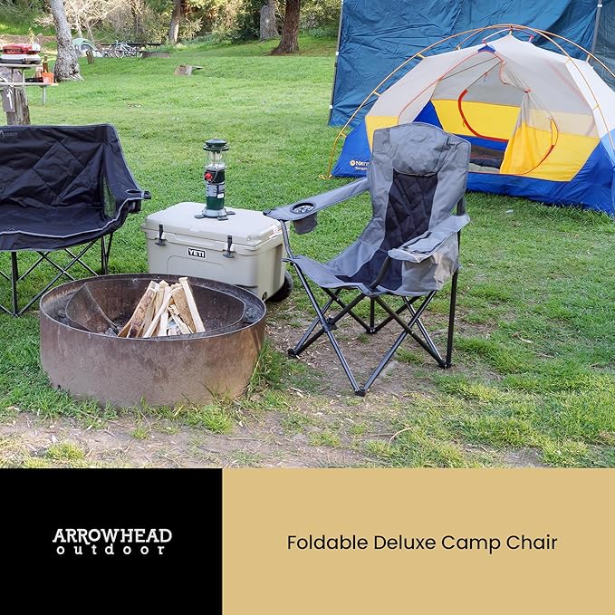ARROWHEAD OUTDOOR Portable Deluxe Folding Camp Quad Chair w/Headrest Glass &amp Cup Holders Armest 6-can Cooler Heavy Duty Carry Bag 550 lbs Weight Capacity