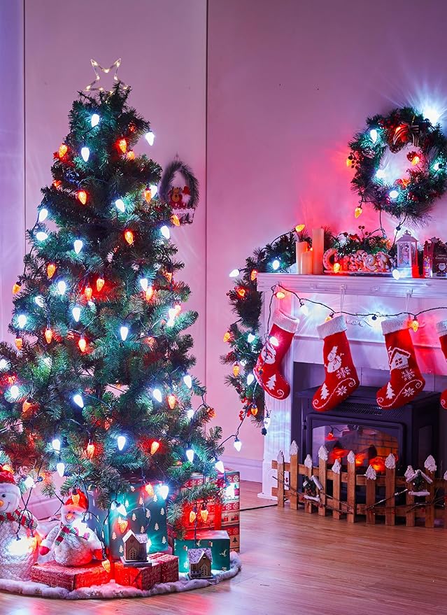 C9 Led Christmas String Lights 68 Ft 100 LED Strawberry Roof Lights with 100 All in One Clips Commercial Grade Waterproof Extendable for Indoor Outdoor Roofline Home Xmas Decor Red &amp Pure White