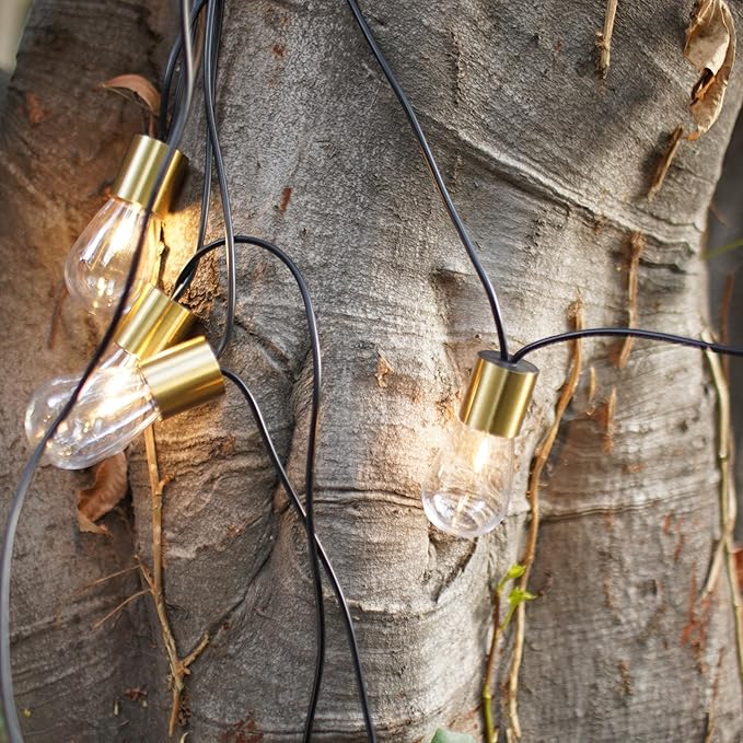 Brightech Glow Solar LED String Lights - Commercial Grade Waterproof Patio Lights with Beautiful Brass Accents - Shatterproof LED Solar Outdoor String Lights - 1W Soft White Light - 27 Ft