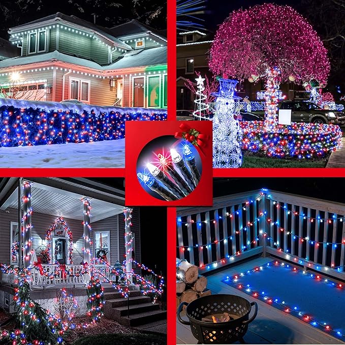 750 LED 240FT Christmas Lights Outdoor12 Lighting Modes Christmas String Lights with Timer Dimmable Plug in Red White and Blue LED StringLights Waterproof for Yard Tree Wedding Party Holiday