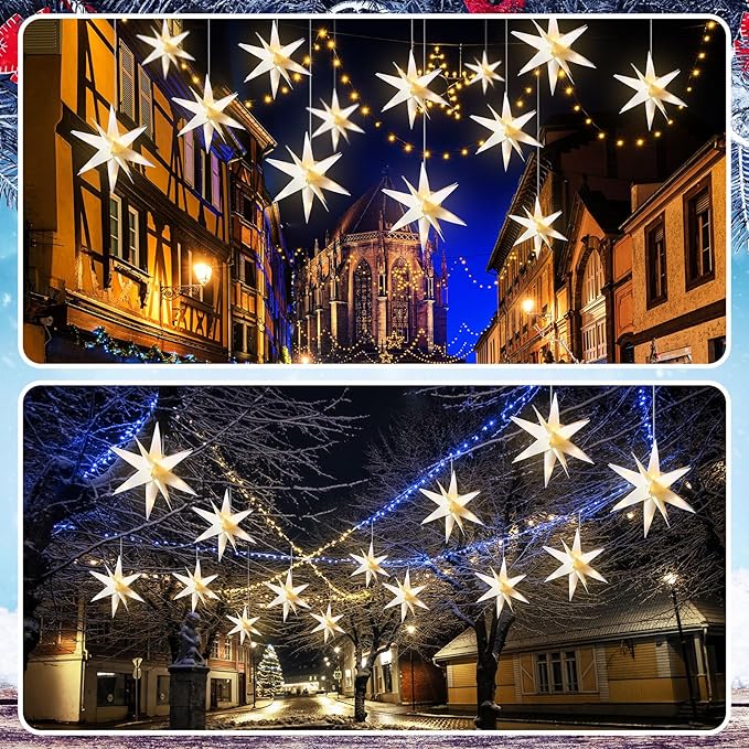 VIHOSE 12 Pcs Large White Moravian 15'' Led Tree Topper 3D Lighted Christmas Holiday Porch Hanging Outdoor Xmas for Window Home Decoration