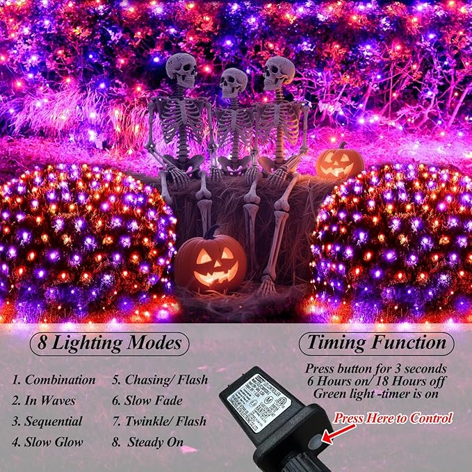 360LED Net Lights Halloween Decorations 21ft x 5ft Purple Orange Mesh Lights with 8 Modes &amp Timer Connectable Waterproof Twinkle String Light for Bushes Tree Garden Lawn Holiday Outdoor Party
