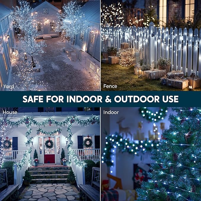 Joiedomi 600 LED Christmas Lights Outdoor197 FT Cool White Christmas Tree Lights with 8 Modes Timer PVC Clear Wire String Lights with Reel for Indoor Outdoor Holiday Xmas Eve Night Decorations