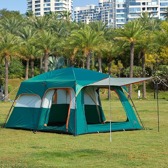 KTT Extra Large Tent 10-12-14 Person(Style-B)Family Cabin Tents2 Rooms3 Doors and 3 Windows with MeshStraight WallWaterproofDouble LayerBig Tent for OutdoorPicnicCampingFamily Gathering