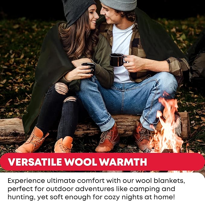 Military Wool Blanket - 80% Wool Washable Perfect for Outdoors Camping Picnic Travel Car &amp Bushcraft Emergency Blanket 96 x 66 5 lbs. - Olive Drab Green - Twin