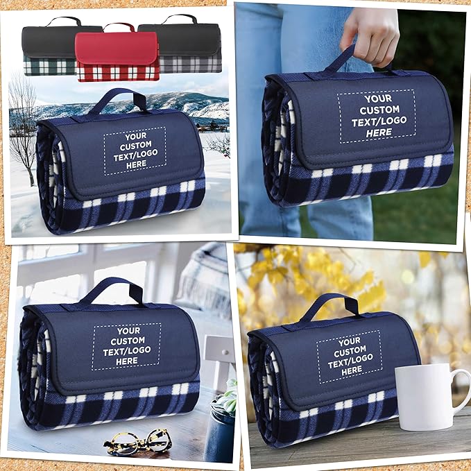 DISCOUNT PROMOS 24 Brookhaven Roll Up Picnic Blankets Set - Customizable Text Logo - Fleece Woven Handle - Navy Blue