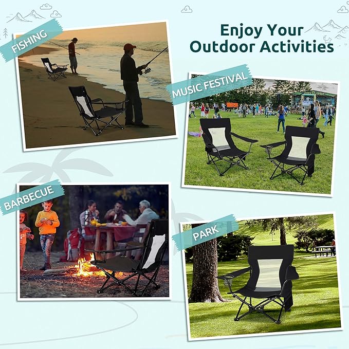 HaSteeL Folding Beach Chair Set of 2 Foldable Black Camping Chairs for Outside Low Beach Chair Portable for Adults Fishing Picnic Outdoor BBQ Travel Sports Cup Holder &amp Storage Bag