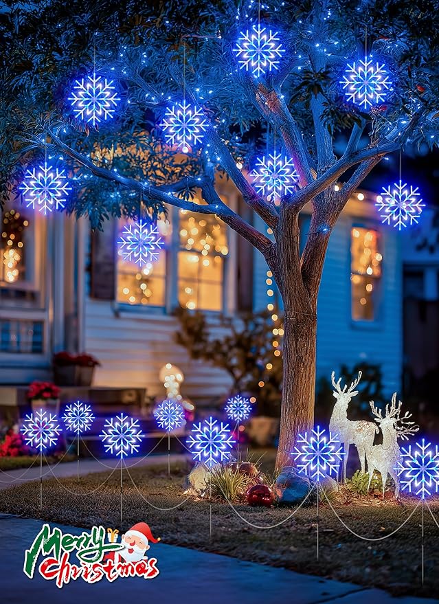 Brightown Snowflake Lights OutdoorTotal 20-Pack Snowflake Christmas Pathway Lights Outdoor Christmas Decorations Yard Sidewalk Walkway Driveway Marker Stake Blue &amp White