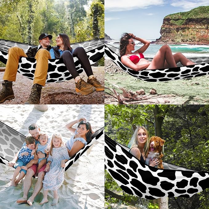 Cow Print Camping Hammock Outdoor Double Single Hammocks with 2 Tree Straps Lightweight Portable Heavy Duty Nylon Hammocks for Backpacking Travel Beach Backyard Patio Hiking