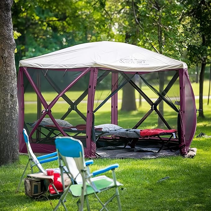 CLAM Pop-Up Screen Tent 11.5' Outdoor Camping Gazebo Portable 6-Sided Canopy with Ground Stakes &amp Carry Bag Escape Plum