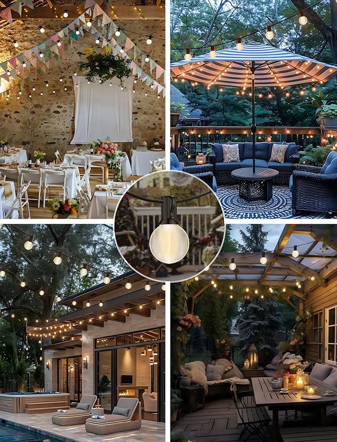 50FT LED Outdoor String Lights with 52 (2 Spare) Frosted Patio Shatterproof BulbsCommercial Grade Waterproof Patio LightsDecorative for Garden Christmas PatioBackyard Balcony