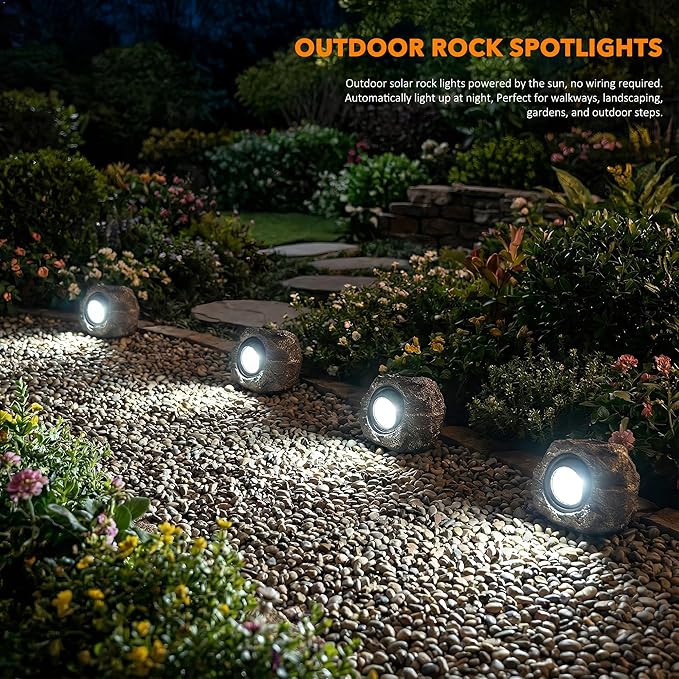 Solar Rock Lights Outdoor Garden Waterproof - Super Bright LED Solar Spotlights Solar Powered Landscape Path Decorative Garden Stone Lights for Pathway Walkway Yard Patio (4 Pack)