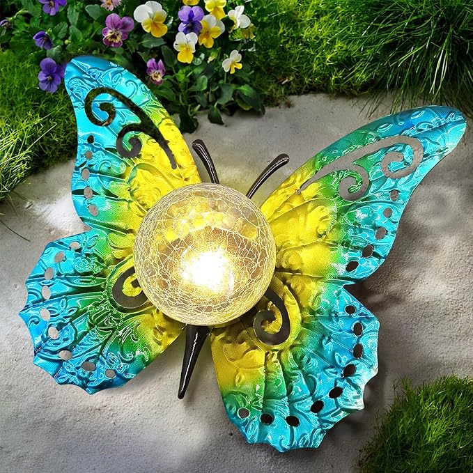 Solar Lights Outdoor Garden Butterfly Decor Metal Butterfly Statue Decoration with LED Crackle Glass Globe Solar Powered Lighted Garden Art Decor for Patio Lawn Yard Pathway Tabletop Ground