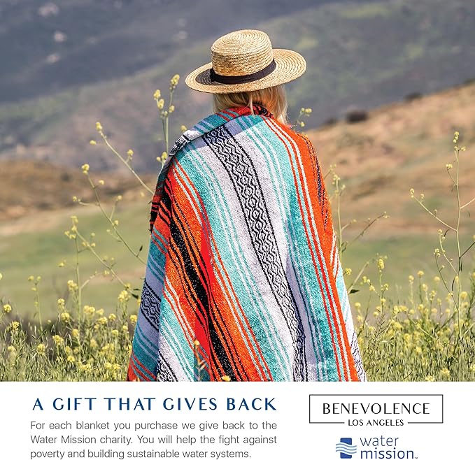 Benevolence LA Authentic Handwoven Mexican Blanket | Yoga Blankets Outdoor Picnic Beach Camping | Equestrian Saddle | Serape 50x70 inches - Bright Mandarin Pack of 1