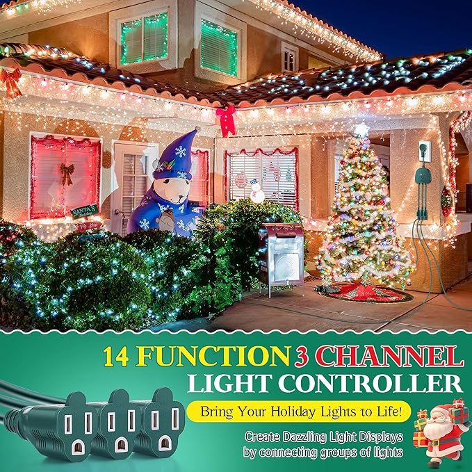 Christmas Light Controller with Remote Create Dazzling Lighting Displays with Multiple Functions Timer Dusk to Dawn Sensor Adjust Speed for Holiday Xmas Lights(3 Channel 14 Functions)
